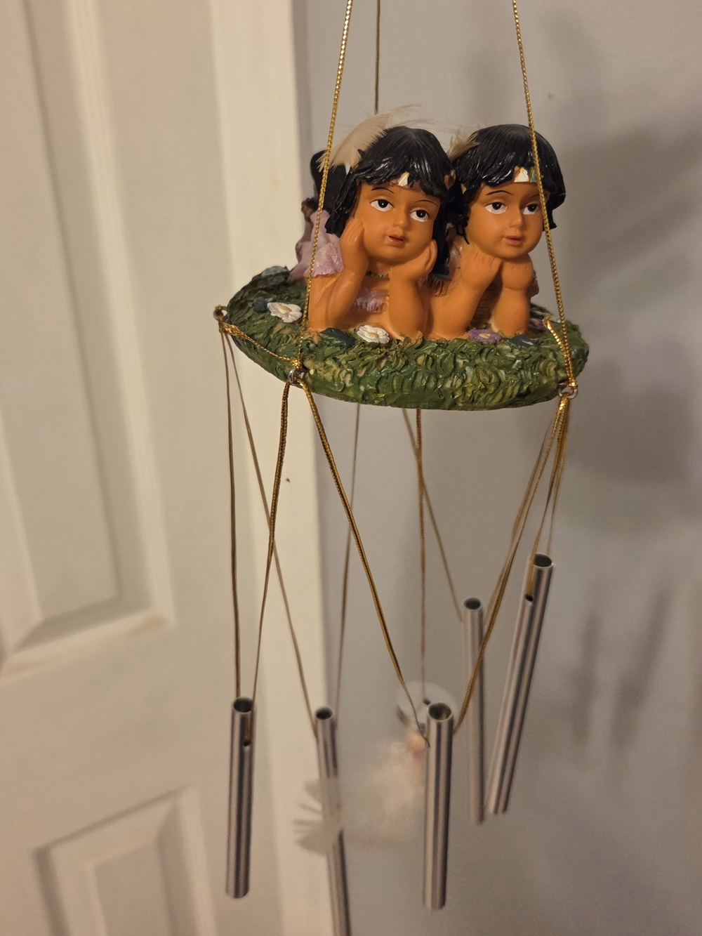 Hand-Painted Twin Angel Wind Chime Mobile - Orange & Green